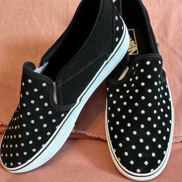 Vans~Black with white polka dots. Slip ons, Size 9 in women. - Picture 2 of 6